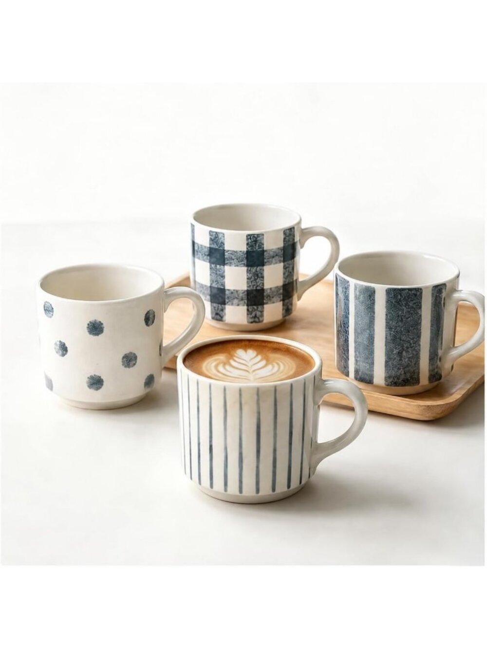 Set of 4 Ceramic Coffee Mugs, 16 oz Blue & White Patterned Cups for Home & Gifts